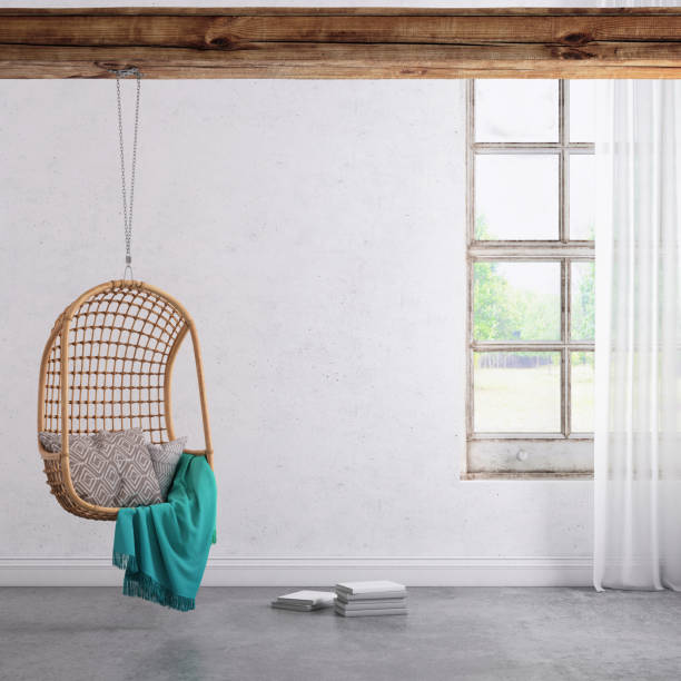 istock Modern hipster interior with pendant chair window and curtains with copy space wall 904651408