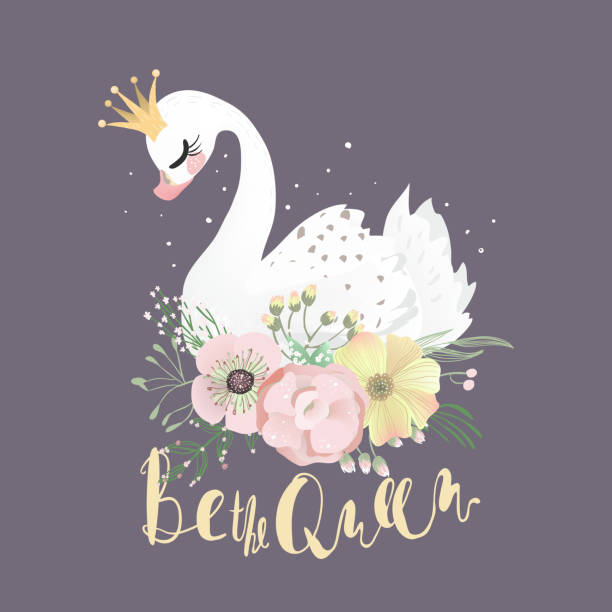 ilustrações de stock, clip art, desenhos animados e ícones de beautiful white romantic dreaming swan princess with crown and floral flowers bouquet - swan princess cartoon crown