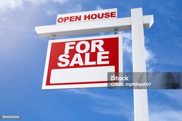 Real Estate Sign For Sale Open House Blue Sky Stock Photo - Download Image Now - Sign, Open House - Real Estate, Real Estate Agent