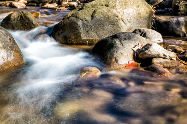 Photo of Closeup of shallow rock stream with smooth running water and waterfall in autumn, stones and long exposure flowing creek