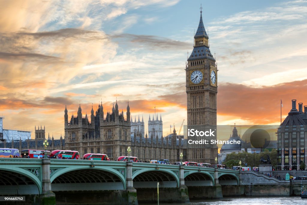 Westminster and Big Ben in London during a colorful sunset Panoramic view ot Westminster and Big Ben in London during a colorful sunset London - England Stock Photo