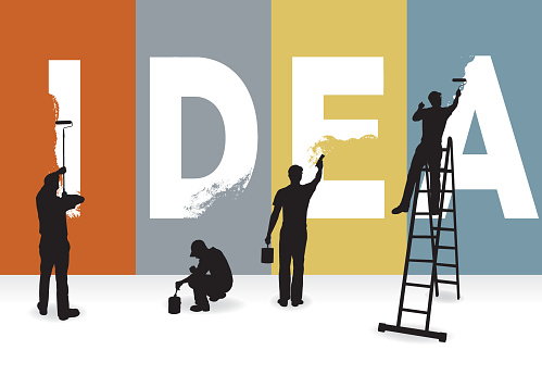 Silhouette illustrations of painters painting the word IDEA on a wall.
