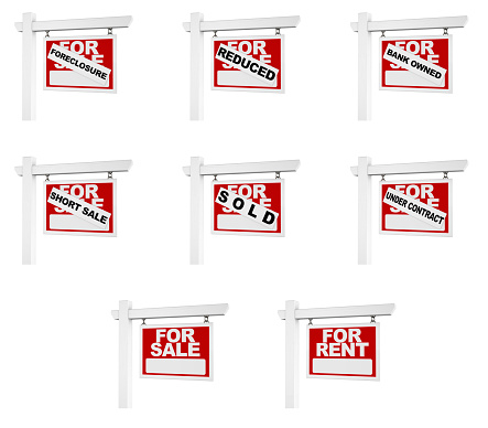 Large real estate for sale sign variety / variation pack.  Large group of real estate signs with for sale, for rent, bank owned, under contract, foreclosure, reduced, short sale, and sold on a white background.
