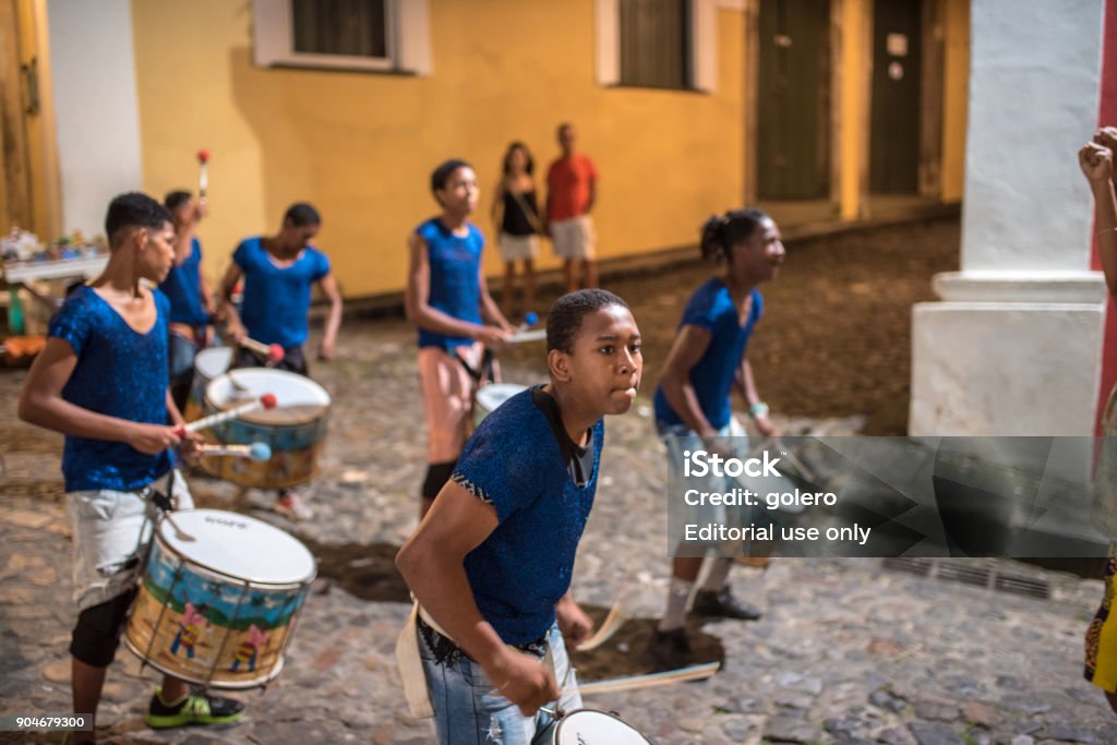 young members of drummer school at historic Center Pelourinho in Salvador young members of drummer school playing at historic Center Pelourinho in Salvador African Ethnicity Stock Photo