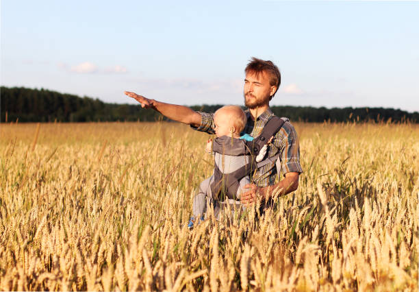 istock father shows his son (infant baby in sling) a field of barley 904683724