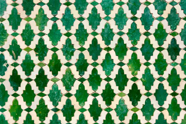 Photo of Moroccan tiles with traditional arabic patterns, ceramic tiles patterns as background texture