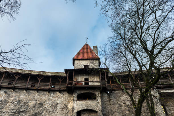 Low-angle view of a tower on Tallinn’s medieval town wall.
