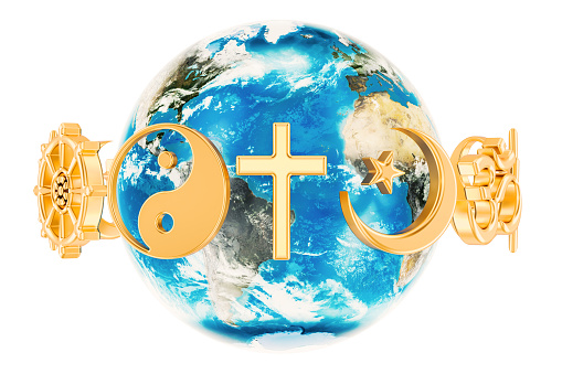 Símbolos de las religiones en el mundo tierra, aislado en fondo blanco de procesamiento 3D photo