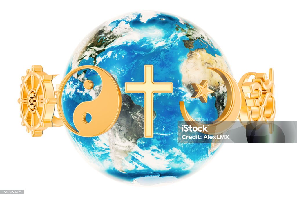 Religions symbols around the Earth Globe, 3D rendering isolated on white background Religions symbols around the Earth Globe, 3D rendering isolated on white background. The source of the map - https://svs.gsfc.nasa.gov/3615 Religion Stock Photo