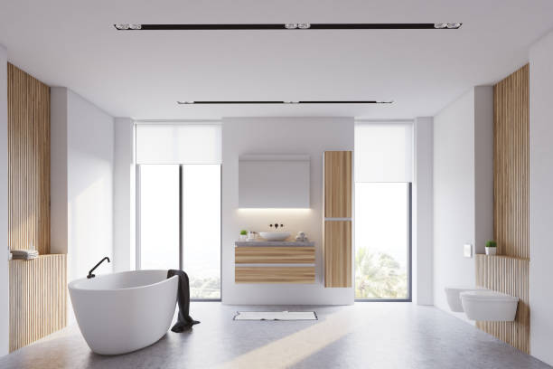 istock White and wooden bathroom interior 904698744