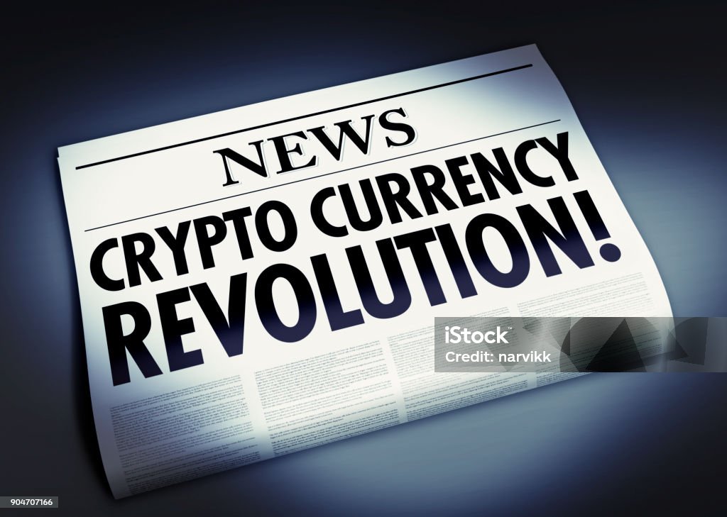 Zeitung mit Krypto Währung Revolution Schlagzeile - Lizenzfrei Medienwelt Stock-Foto