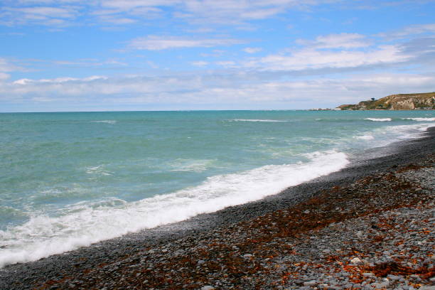 neuseeland - badebucht der wasserlandschaft in kaikoura, süd neuseeland panorama - marlborough region sunrise new zealand sea stock-fotos und bilder