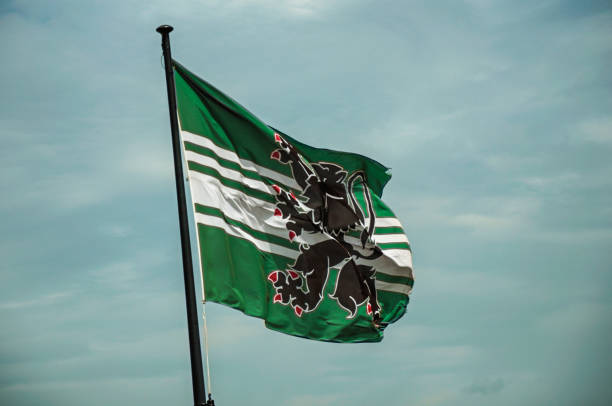 bandeira e céu nublado, visto no topo da torre de gravensteen castelo em ghent. - flag flanders medieval lion - fotografias e filmes do acervo