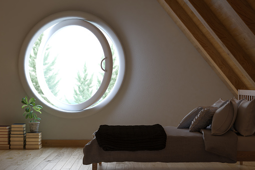 3d render image of a back lit attic bedroom