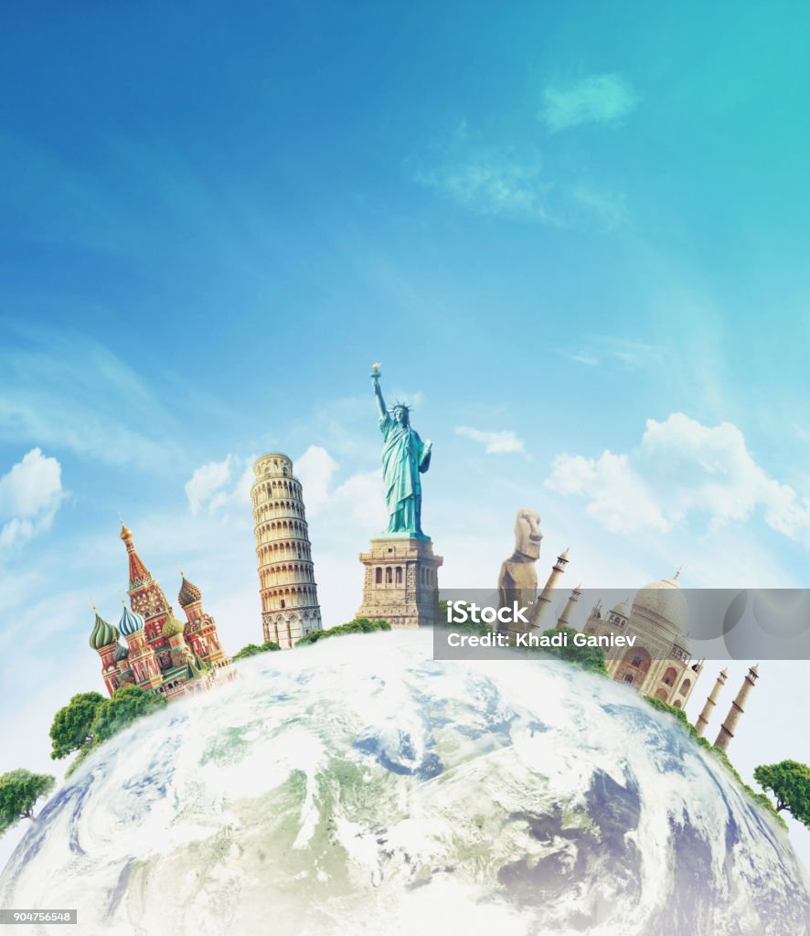 Famous landmarks of the world grouped together on globe time to travel, world, famous Travel Destinations Stock Photo