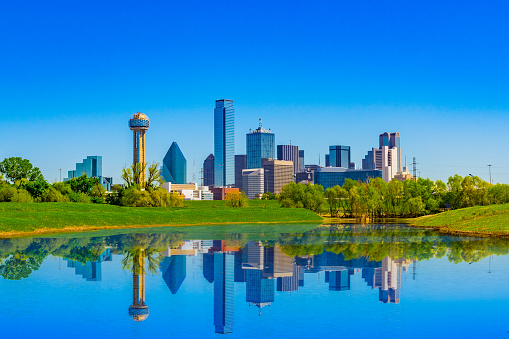 springtime urban skyline; clean city skyline; refreshing urban scene; springtime in Texas