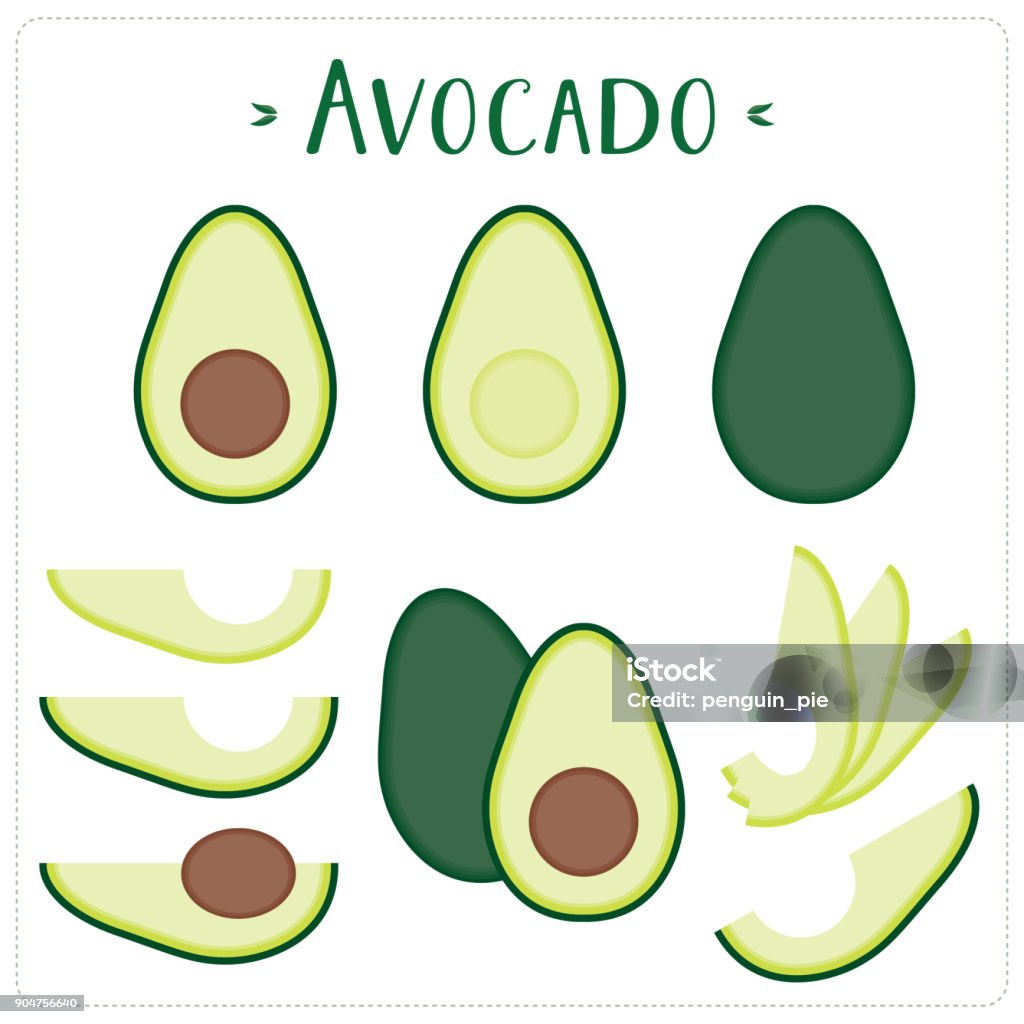 Avocado Vector Illustration Avocado vector illustration set. Whole, sliced and halved avocado graphics. Avocado stock vector