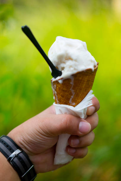 istock Man hold a cone of vanilla ice cream with nature background 904770200