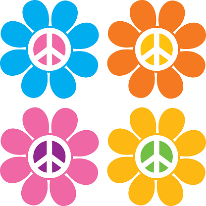 Vector illustration of four colorful hippie flowers.