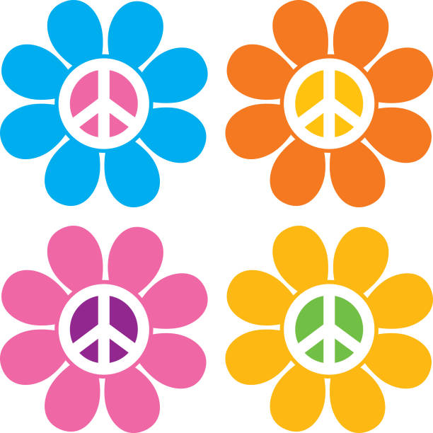 Peace Sign Flower Icons Vector illustration of four colorful hippie flowers. 1970 retro styled imagery stock illustrations