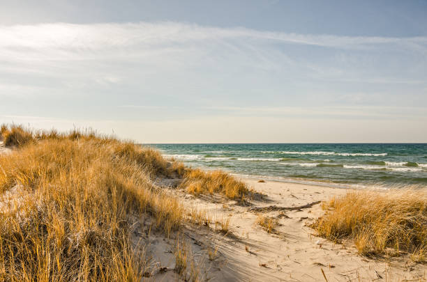 Lake, Sky, and Dunes Waves rolling into shore from Lake Michigan lake michigan stock pictures, royalty-free photos & images