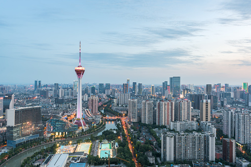 Chengdu, China - July 20, 2016 : Skyline aerial view with Sichuan TV tower at dusk