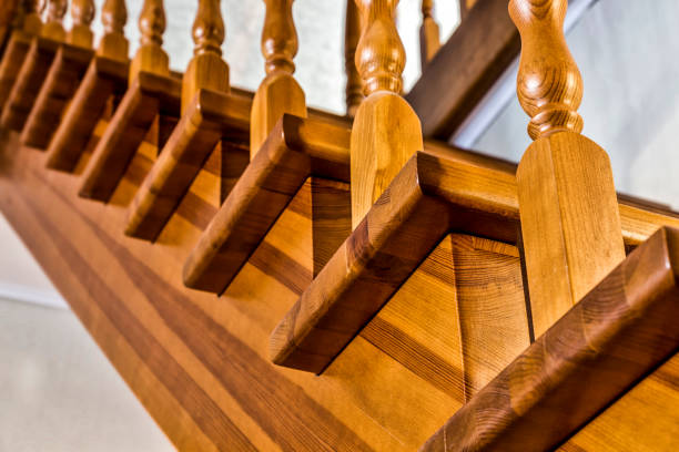 Wooden staircase to the 2nd floor close-up.
