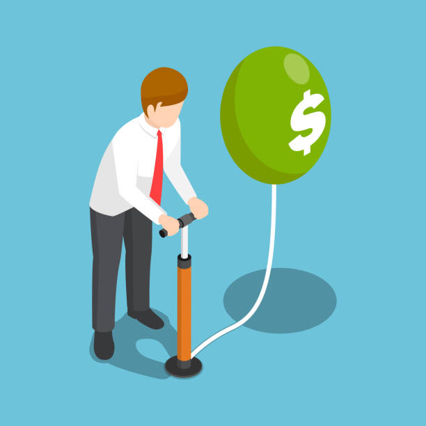 ilustrações de stock, clip art, desenhos animados e ícones de isometric businessman blowing a dollar balloon by air pump. - inflating balloon blowing air