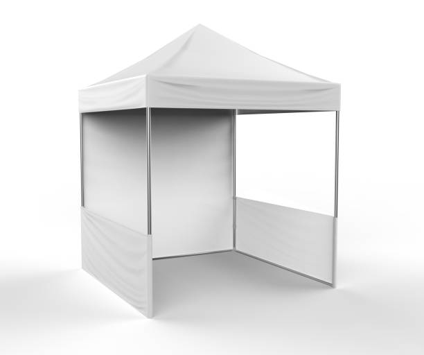 promozionale pubblicità all'aperto evento commerciale canopy tent mobile tendone. beffardo, modello. rendering 3d illustrazione isolata su sfondo bianco. pronto per il tuo design. pubblicità del prodotto. - canopy foto e immagini stock