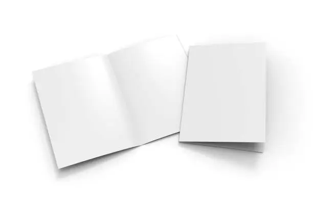 Photo of A3 A4 A5 half-fold or by-fold brochure blank white template for mock up and presentation design. 3d illustration