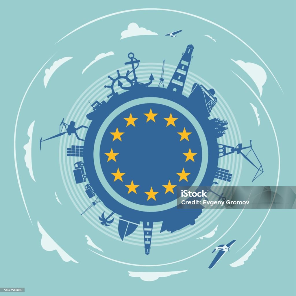 Cargo port and travel relative silhouettes. Circle with sea shipping and travel silhouettes. Objects located around the circle. Flag of the European Union in the center of circle. Cloudscape with airplanes 24 Hrs stock vector