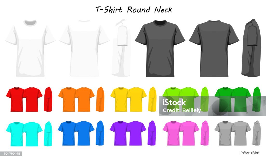 T-Shirt round neck color collection set for your design , mockup advertising , blank for printing , vector illustration , whit black grey red orange yellow green blue purple pink color T-Shirt stock vector