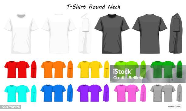 Tshirt Round Neck Color Collection Set For Your Design Mockup Advertising Blank For Printing Vector Illustration Whit Black Grey Red Orange Yellow Green Blue Purple Pink Color Stock Illustration - Download Image Now