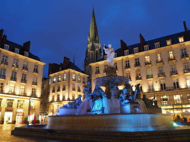 Nantes, France. Night view of the Royale square and the fountain stock photo