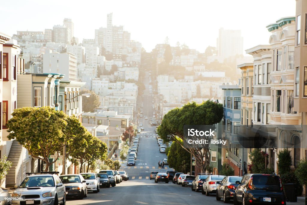 The view on street from the hill in San-Francisco. San Francisco - California Stock Photo
