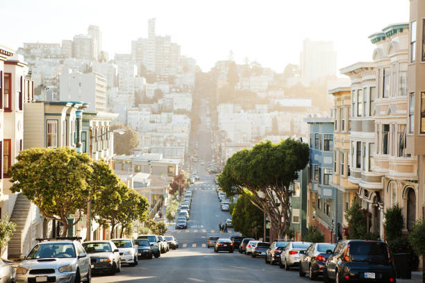 The view on street from the hill in San-Francisco. The view on street from the hill in San-Francisco. san francisco california stock pictures, royalty-free photos & images
