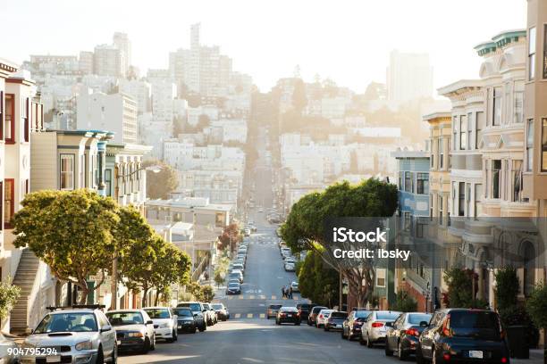 The View On Street From The Hill In Sanfrancisco Stock Photo - Download Image Now - San Francisco - California, Street, City