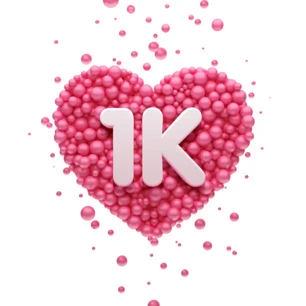 Photo of 1k or 1000 followers thank you Pink heart and red balloons, ball. 3D Illustration for Social Network friends, followers, Web user Thank you celebrate of subscribers or followers and likes.