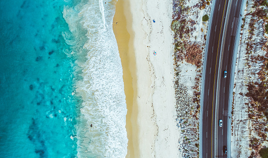 An aerial view of Crystal Cove State Beach in Newport Beach, Orange County on a beautiful summer morning. Orange County is a wealthy area of Southern California.