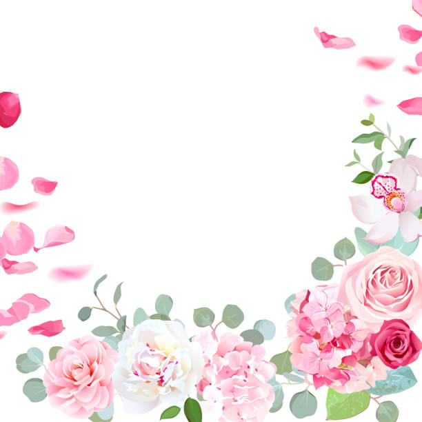весенний цветочный вектор круглой рамы с пиони, розой, орхидеей, гидрой - invitation love shape botany stock illustrations