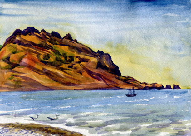 istock Seascape, ship, gull. Watercolor painting 904809872