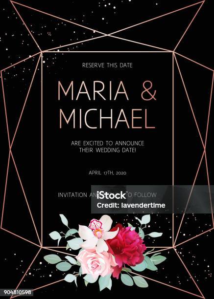 Stylish Dark Geometric Wedding Vector Design Frame With Flowers Stock Illustration - Download Image Now