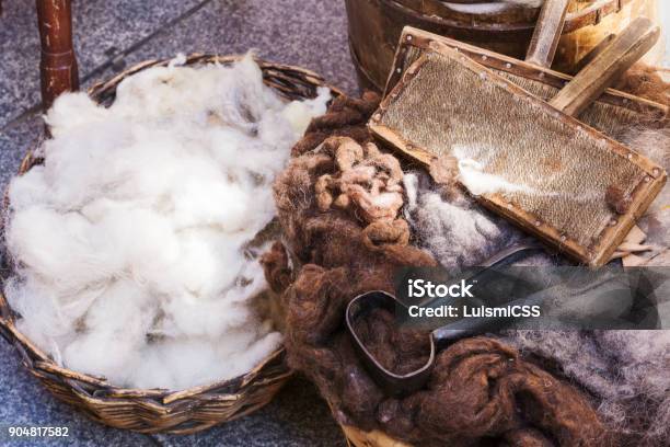 Wicker Basket With Virgin Wool Stock Photo - Download Image Now - Wool, Sheep, Fleece