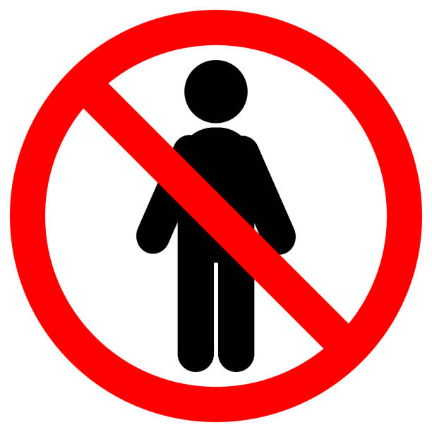 NO ENTRY, NO HUMANS ALLOWED sign. Man silhouette in crossed out red circle. Vector icon NO ENTRY, NO HUMANS ALLOWED sign. Man silhouette in crossed out red circle. Vector icon. warning coloration stock illustrations
