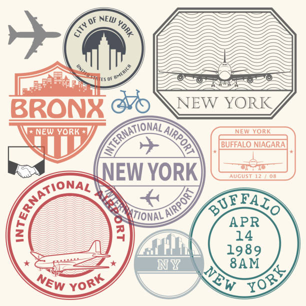 Retro postage USA airport stamps set New York Retro postage USA airport stamps set New York state theme, vector illustration airplane silhouette commercial airplane shipping stock illustrations