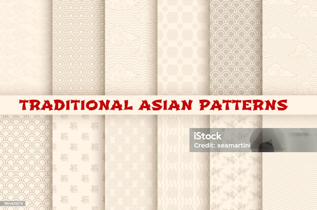 Asian Chinese Japanese vector seamless patterns Asian patters set of Chinese or Japanese seamless traditional ornaments. Vector abstract floral, ornamental clouds and geometric waves for Asian flourish pattern backgrounds and seamless design Pattern stock vector