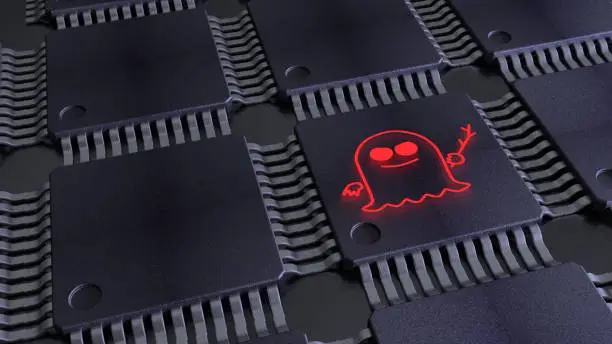 Photo of Grid of chips with a red spectre symbol on one of the cpus