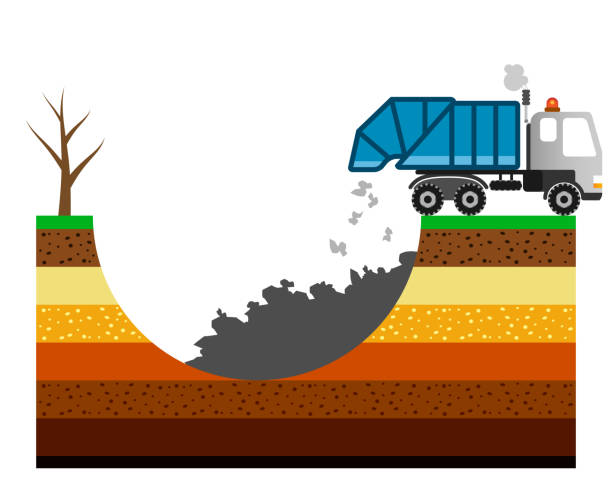 ilustracja zanieczyszczenia środowiska ze śmieciarką. zatruta gleba. - truck driver driver truck semi truck stock illustrations