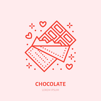 Chocolate bar illustration. Sweets flat line icon, candy shop. Valentines day present sign.