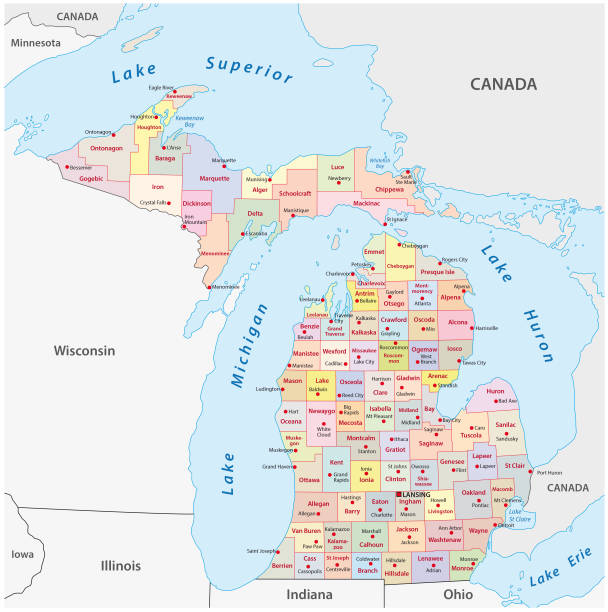 michigan administrative and political map with flag michigan administrative and political vector map with flag michigan stock illustrations